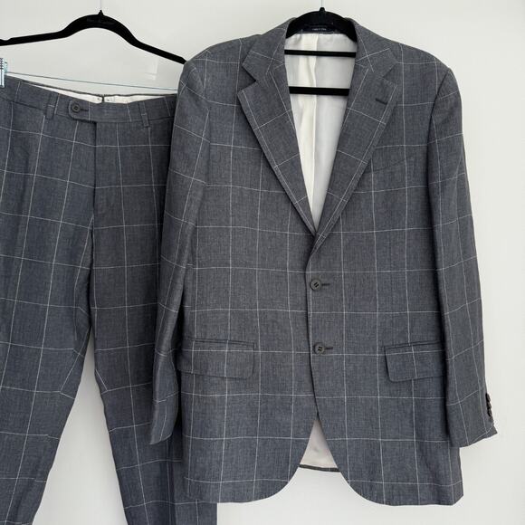 Suitsupply Suit Mens 40 US Gray Italian Linen Lazio Slim Windowpane Pants 33x30